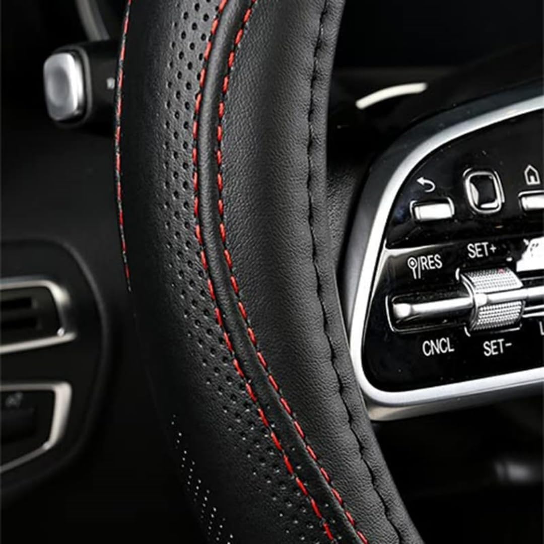 Cowhide Steering Wheel Cover Heat Resistant Anti-Slip Car Wheel Wrap Compatible with Most Makes and Models of Cars and Trucks with 14.5 to 15 Inch Steering Wheel(Black)