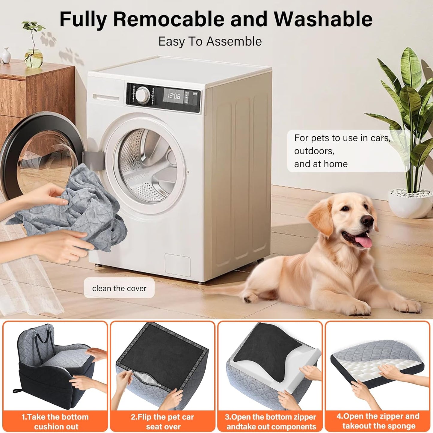 Dog Booster Car Seat, 6in Memory Foam Adjustable Booster Cushion for Small/Medium Dogs, Detachable and Washable Dog Car Seat with Cooling Mat, Pet Booster Seat with Storage Pockets, 2 Safety Belts