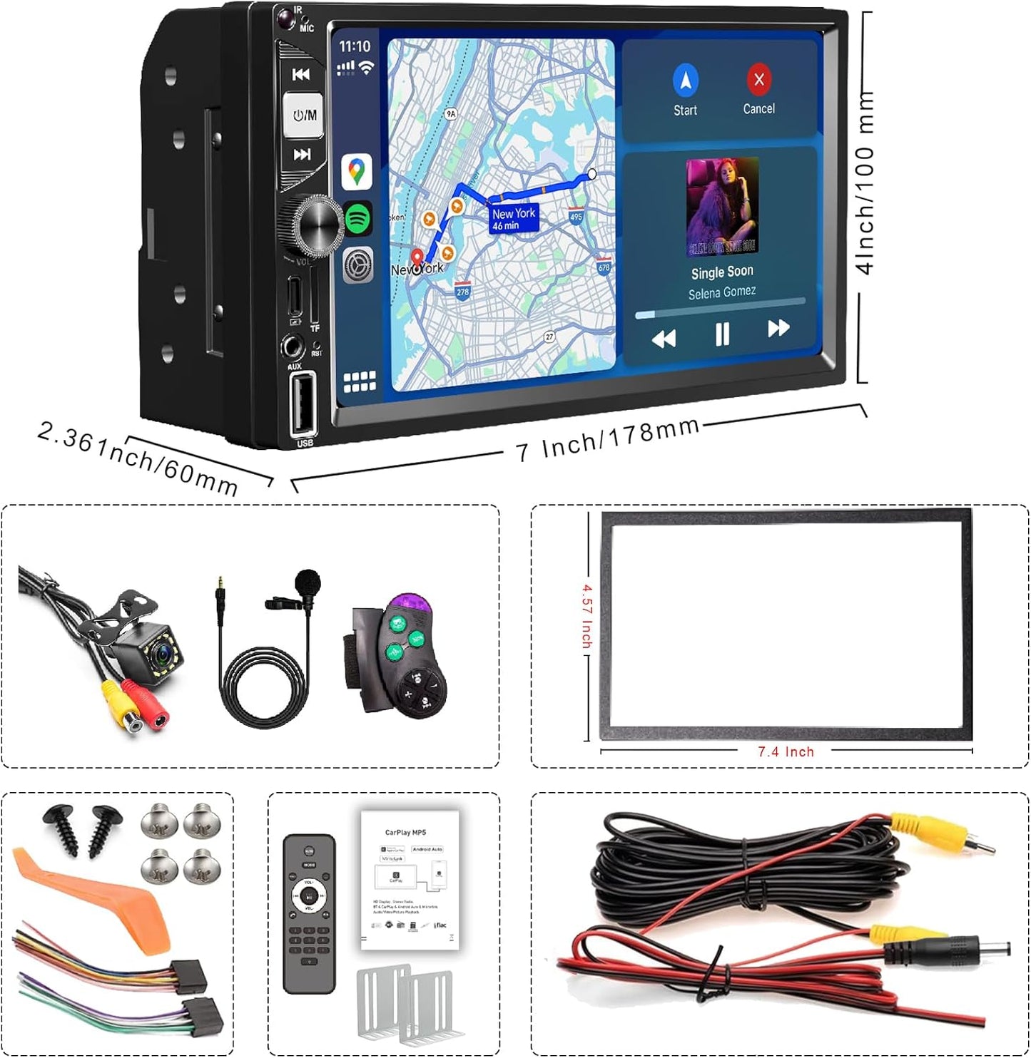 7” Wireless Apple CarPlay Double Din Car Stereo,FM Car Radio,Bluetooth 5.2,IPS Touchscreen 1024 * 600, Backup Camera,EQ Audio,Dual USB+Type-c Charging,Subwoord,Android Auto,Navigation,CarPlay MP5