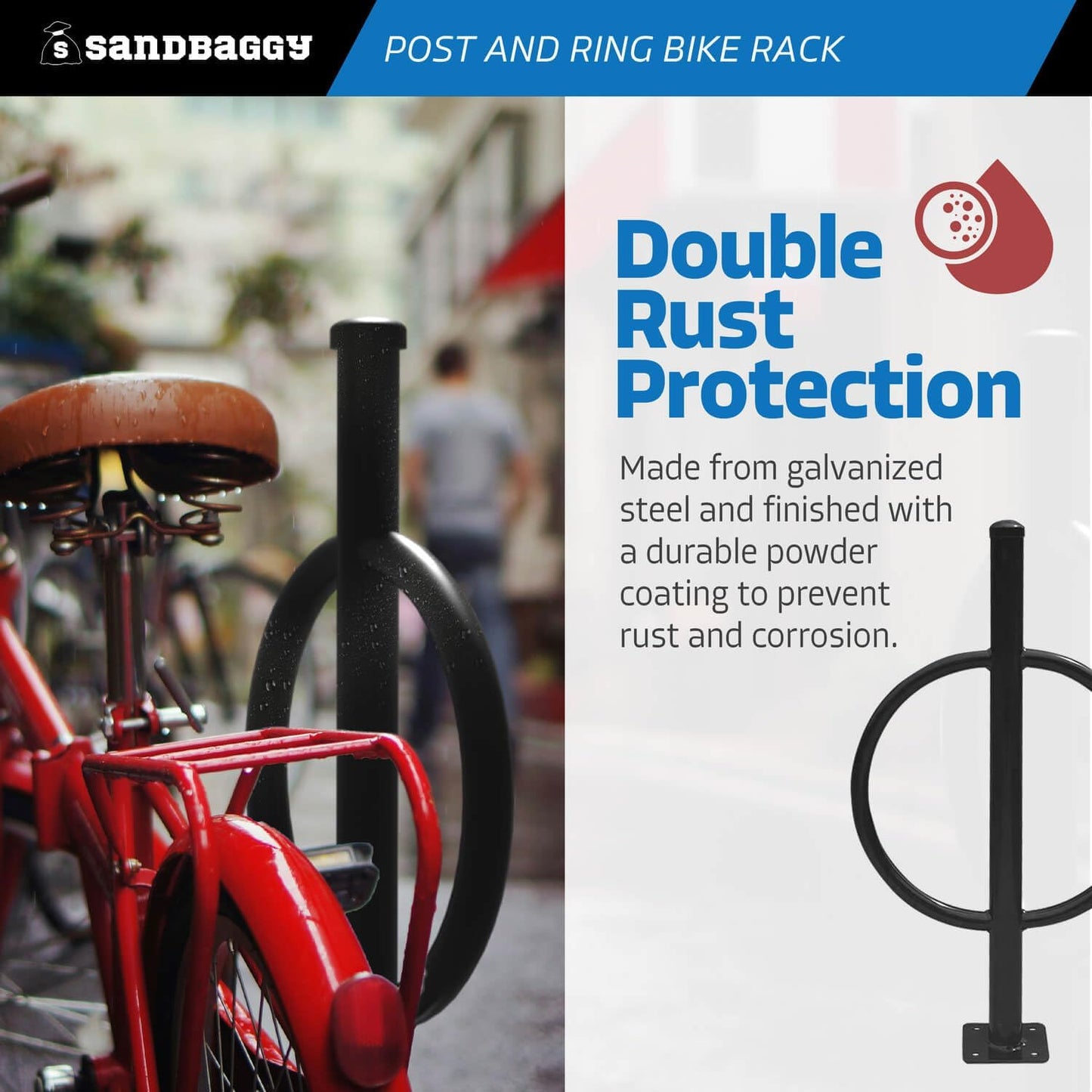 Sandbaggy Post and Ring Bike Rack - Commercial Bike Racks - Galvanized Steel - Anti-Theft Design - In Ground, Apartments, Sidewalks, Industrial (Red, 1)