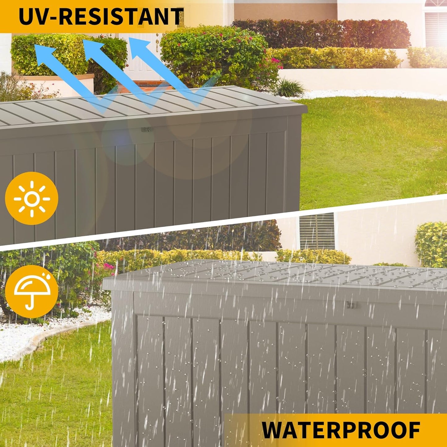 150 Gallon Resin Deck Box, Waterproof Outdoor Storage Bin for Patio Furniture, Pool Accessories, and Garden Tools, Lockable & UV-Resistant, Grey