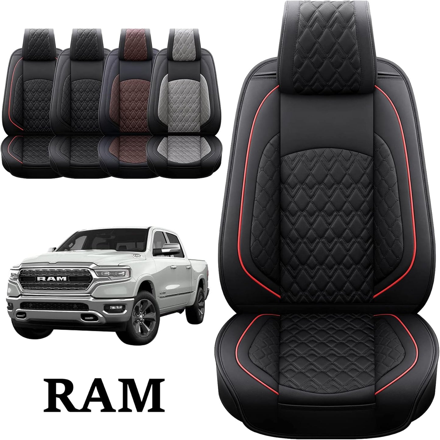 JOJOBAY Car Seat Covers for Dodge Ram Full Set,Fit Ram 2009-2025 1500/2500/3500 Pick-up Truck,Crew,Regular,Quad,Mega Cab,Waterproof Leather Seat Covers Protectors(5 PCS Full Set,Black/Red)