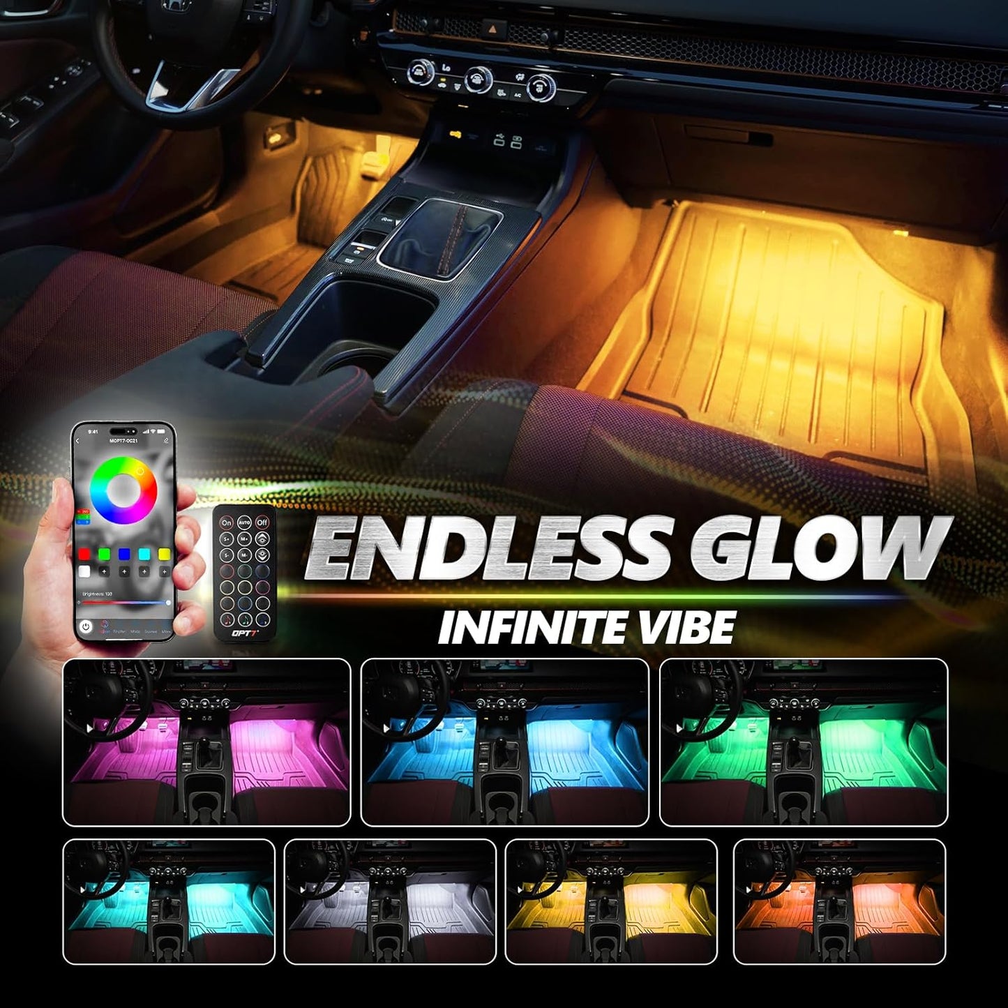 OPT7 Aura Pro 4PC Double LED Interior Car Strip Lights with APP & Remote Control, Multicolor Mode, Sound Active Neon Accent Lighting Kit, Footwell Floor Inside Decor Accessories, 12V Charger Adapter