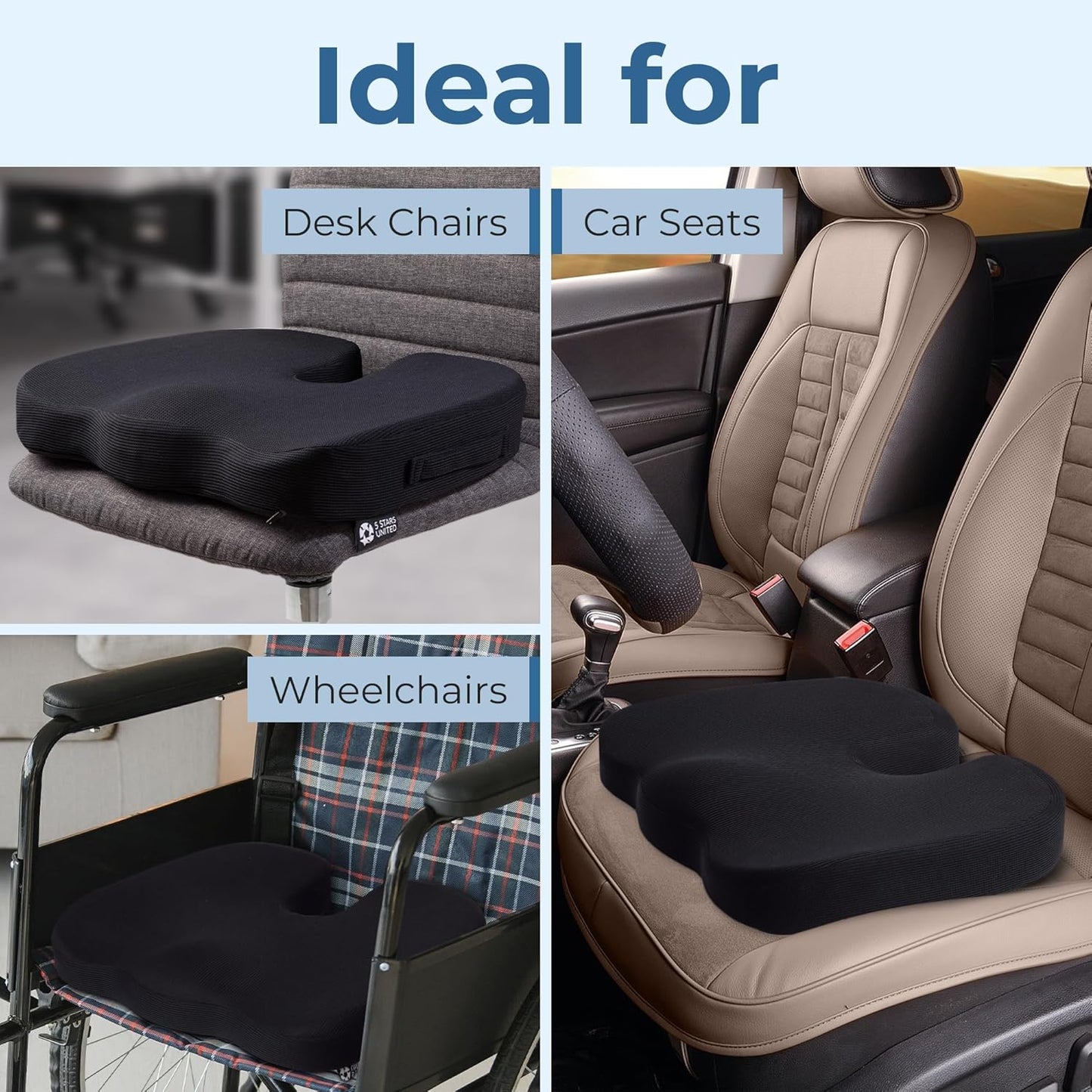 5 STARS UNITED Seat Cushion for Tailbone Pain Relief ā Large Memory Foam Lifting Pillow for Coccyx, Hip, Sciatica & Post-Surgery Recovery ā Wheelchair, Car, Desk, Gaming & Office Chairs, Black