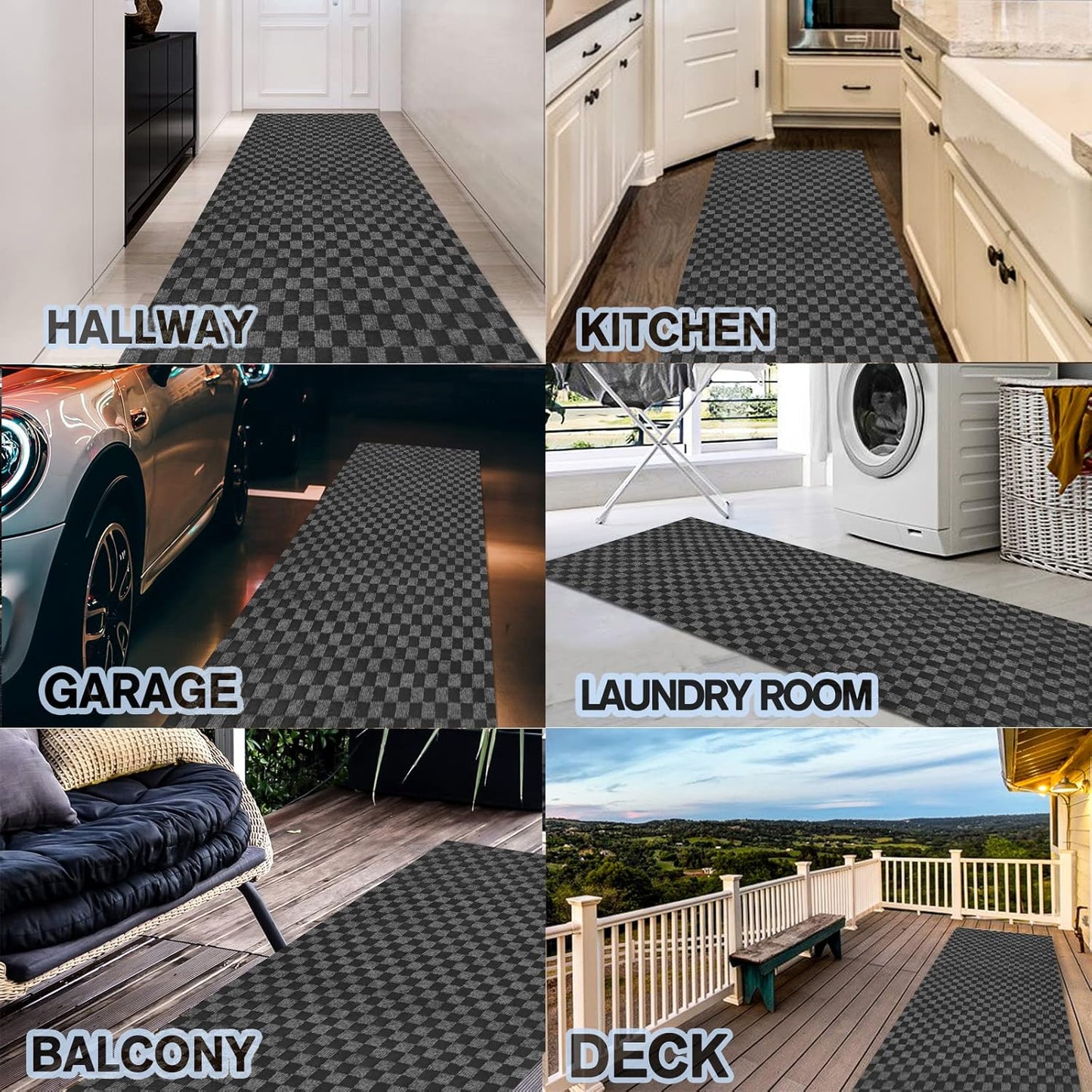 Custom Size Backed Non-Slip Area Rugs Runner, Easy Clean, Waterproof Runner Rugs for Hallway Entryway, Kitchen, Laundry, 2FT x 67FT, Gray Checkered
