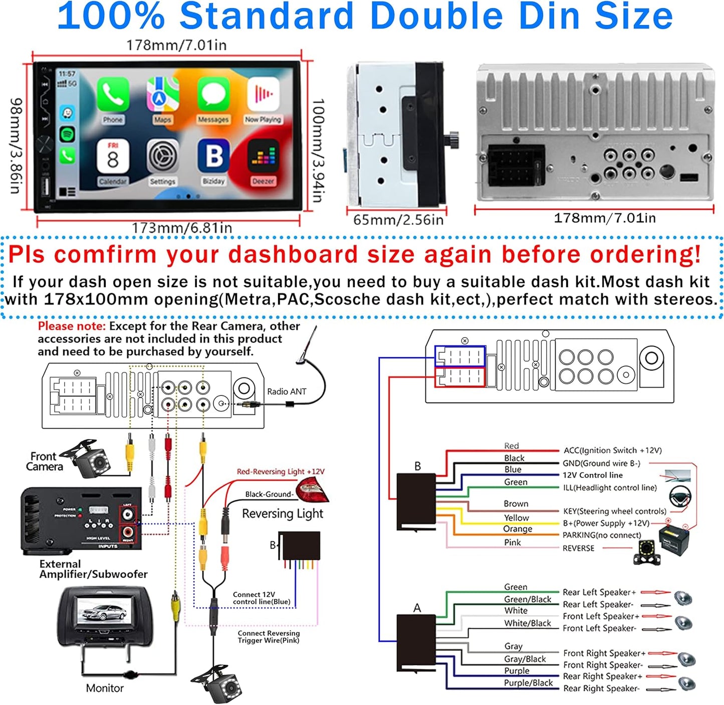 Double Din Car Stereo with Wireless Carplay and Wireless Android Auto,7 Inch Full HD Touchscreen Car Stereo Receivers Support Mirror Link,Bluetooth, Backup Camera,Steering Wheel,FM/USB/AUX/Subwoofer
