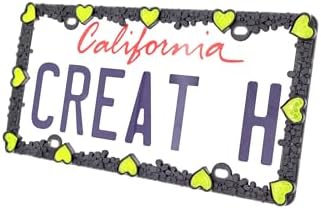 Creathome 3D Daisy Heart License Plate Frame from Pure Zinc Alloy Metal Perfect Plate Holder, Matt Black Daisy with Yellow Reflective Heart