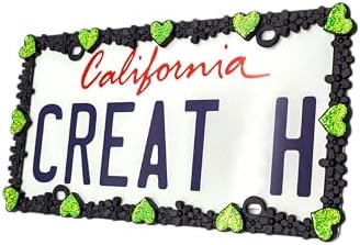 Creathome 3D Shining Daisy Heart License Plate Frame from Pure Zinc Alloy Metal Perfect Plate Holder, Matt Black with Green Glitter, Luminously Heart