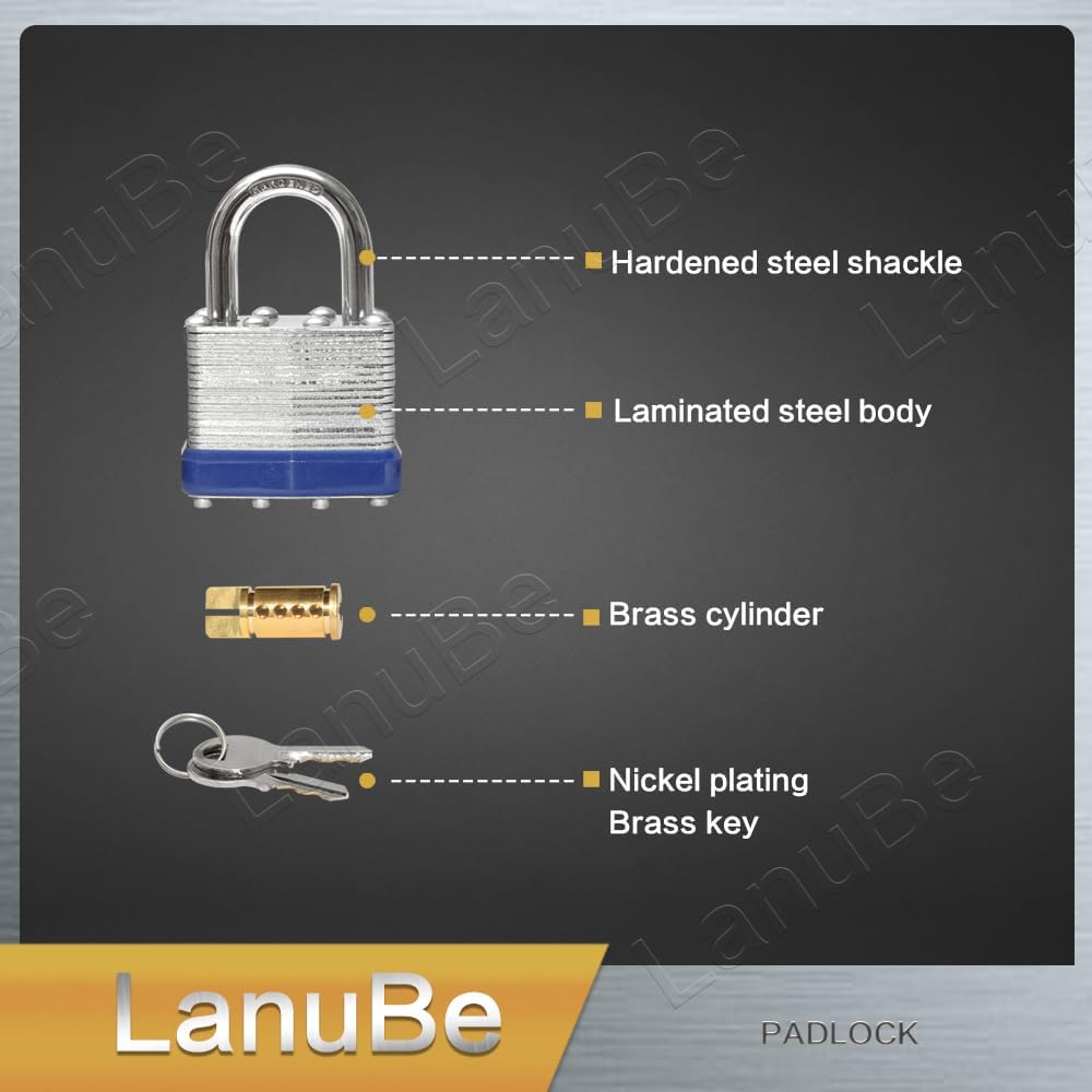 LanuBe Lock Laminated keyed Padlock (1-9/16", 40mm), keyed Alike Locks, Normal Shackle, Marked Blue Plastic Hoop, Pack of 48…