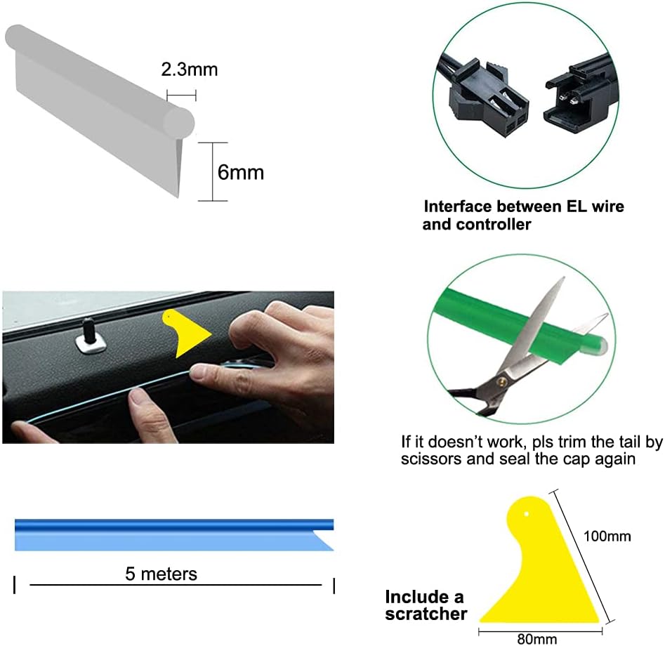 El Wire Green Interior Car LED Strip Lights, 5M Neon Wire USB 5V with Fuse Protection for Automotive Interior Decoration, with 6mm Sewing Edge
