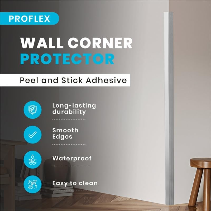 Proflex Wall Corner Protector - Pack of 6 Self Adhesive Corner Guards for Walls Edge Protection - 1 inch x 36 inch, Brushed Aluminum – Easy to Apply – No Tools Needed