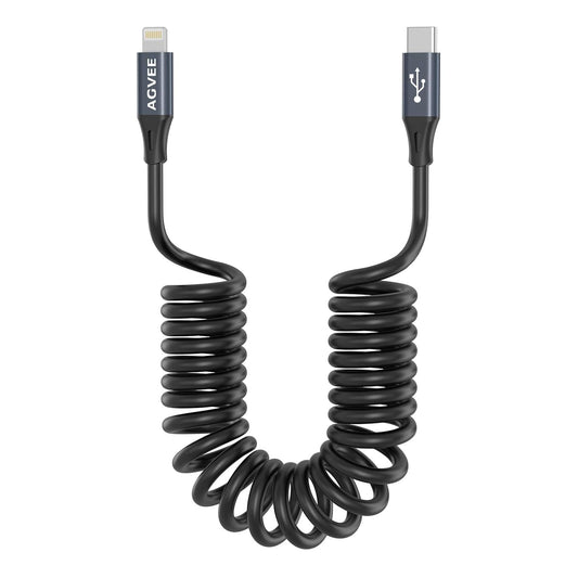 AGVEE 5ft Coiled Short USB-C to Lightning Charging Cable [MFI Certified] 30W PD Fast Charger Cord in Car for iPhone 14/13/12/11/XS/8/7/6/5 CarPlay, iPad, iPod, Dark Gray