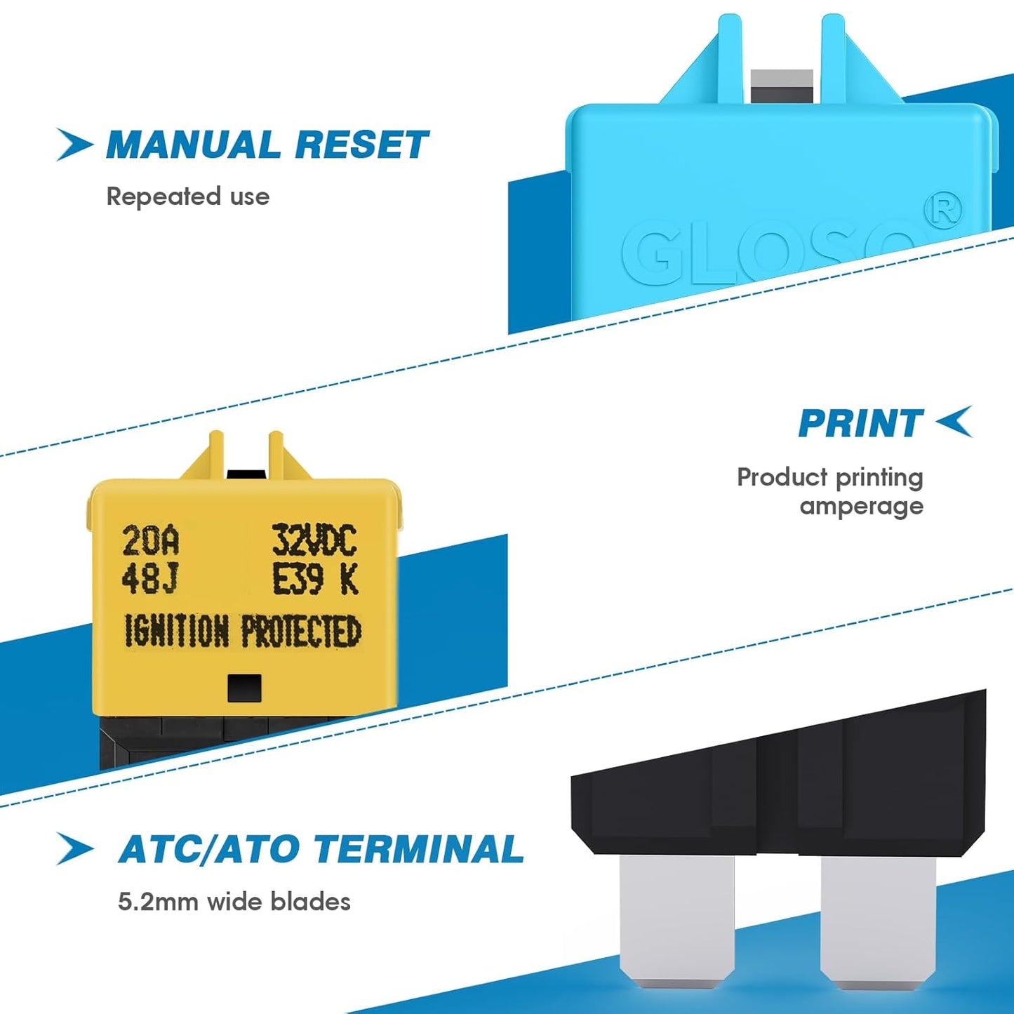 GLOSO Circuit Breaker E39 (T3) Manual Reset Fuse for Car Truck RV Automotive Marine Boat Trolling motor & Custom Wiring Audio battery protection/Low Profile ATC/ATO (10A - 3 Pack)