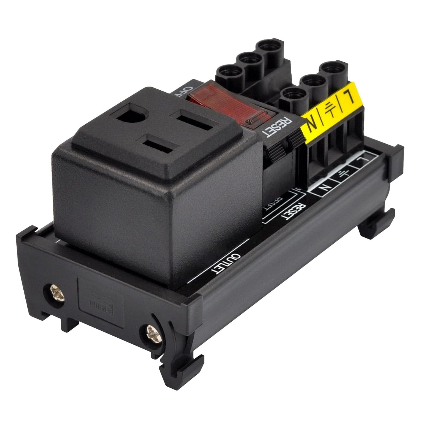 DIN Rail Mount AC 120V NEMA 5-15R Single Receptacle Outlet Power Strip Module, with Rocker Switch Thermal Circuit Breaker Overload Protector