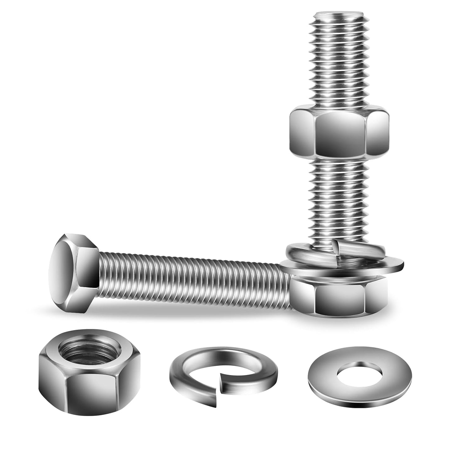 1/4-20 x 2-3/8" Hex Head Screw Bolt, Nuts, Flat & Lock Washers, 10Pcs 18-8 (304) Stainless Steel, Fully Threaded, by SG TZH