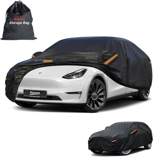 Kayme 7 Layers Car Cover Custom Fit for Tesla Model Y, Waterproof All Weather for Automobiles, Outdoor Full Car Cover Sun Rain UV Snow Protection.Black
