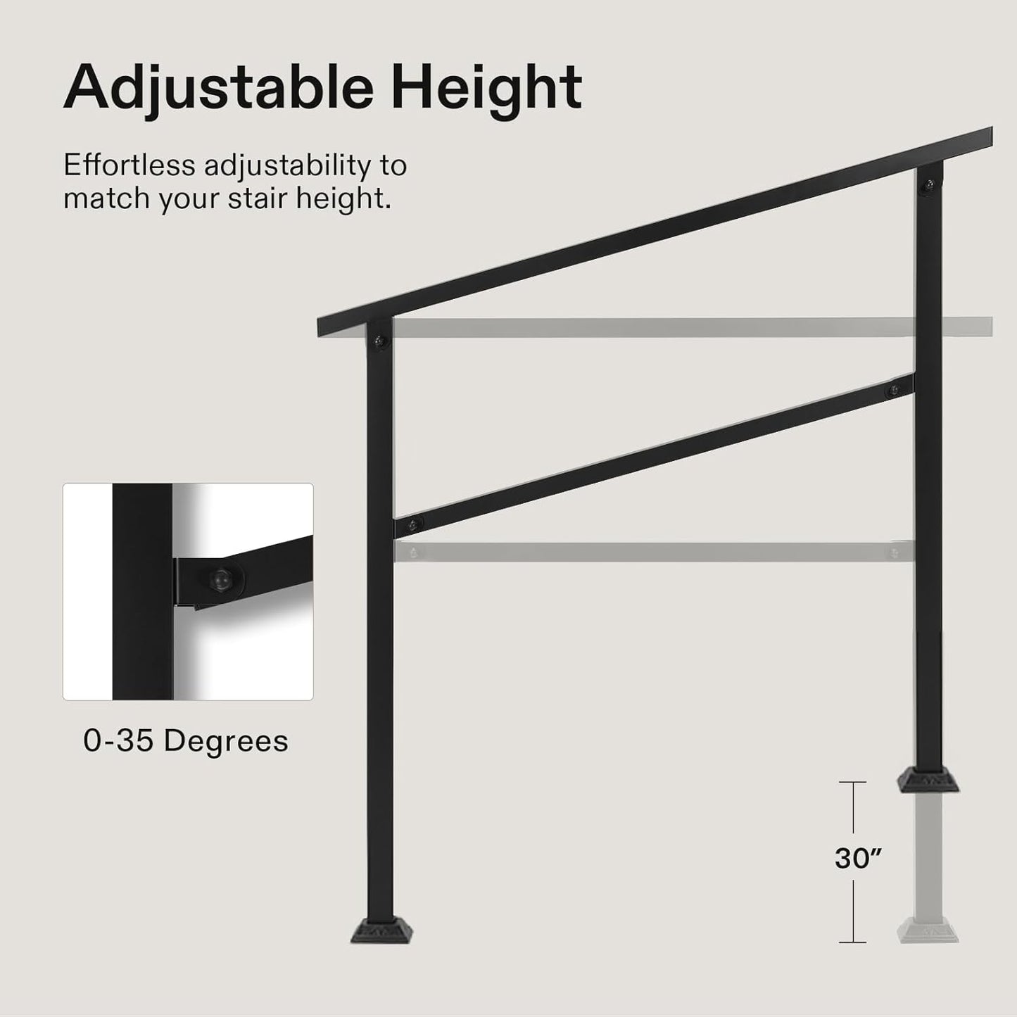 VIVOSUN 2-Pack Outdoor Handrail, 4 Step Stair Handrail, 54" x 36" Fits 1 to 4 Steps, Wrought Mattle Iron Handrail for Concrete Steps, Porch Steps, One-Step Assembly, 2 Packs, Black