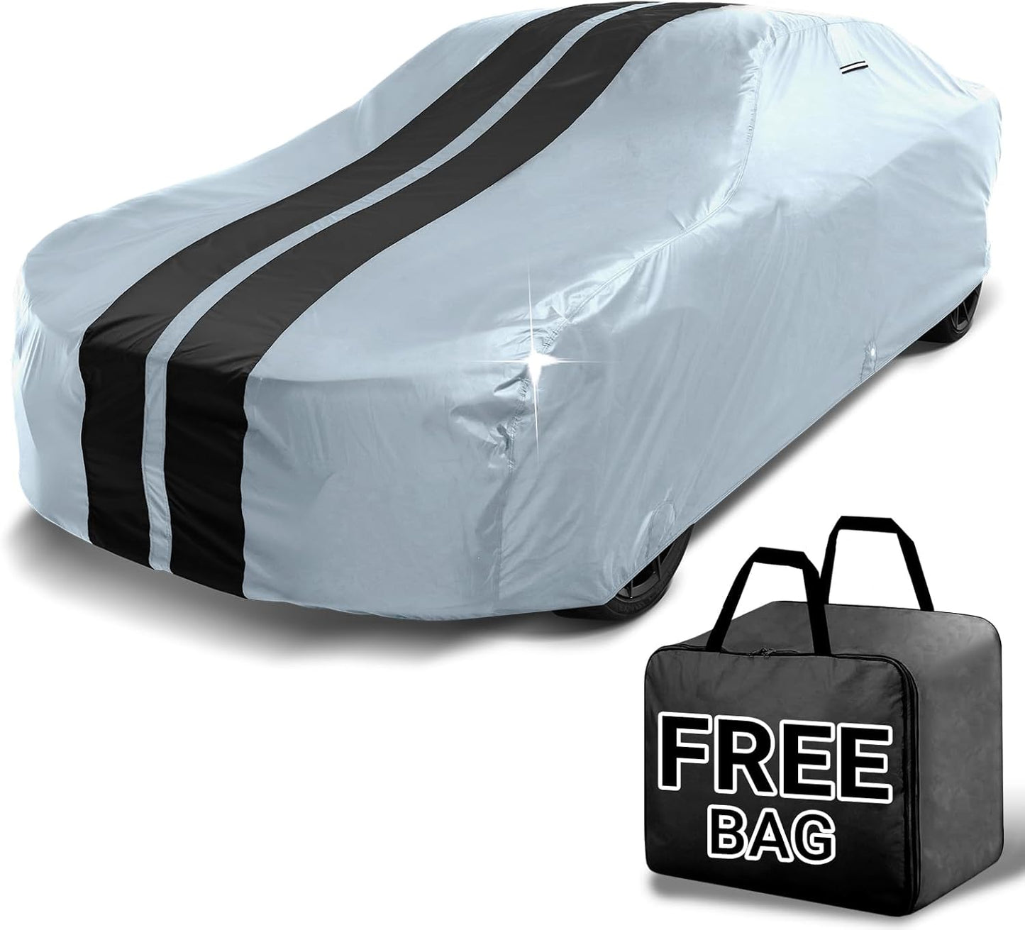 iCarCover Custom Car Cover for Chevy Monza 2+2, Hatchback (1975-1981) Waterproof All Weather Rain Snow UV Sun Protector Full Exterior Indoor Outdoor Car Cover (Stripe - Gray/Black)