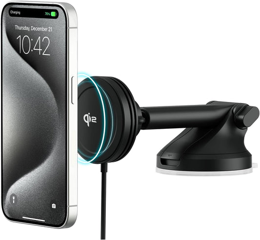iOttie Velox Qi2 Mini 15W Wireless Charger Car Mount - Dash & Windshield Car Phone Holder - MagSafe Compatible iPhone Mount for Qi2 Smartphones (iPhone 12, 13, 14, 15, and 16) - Car Charger Included