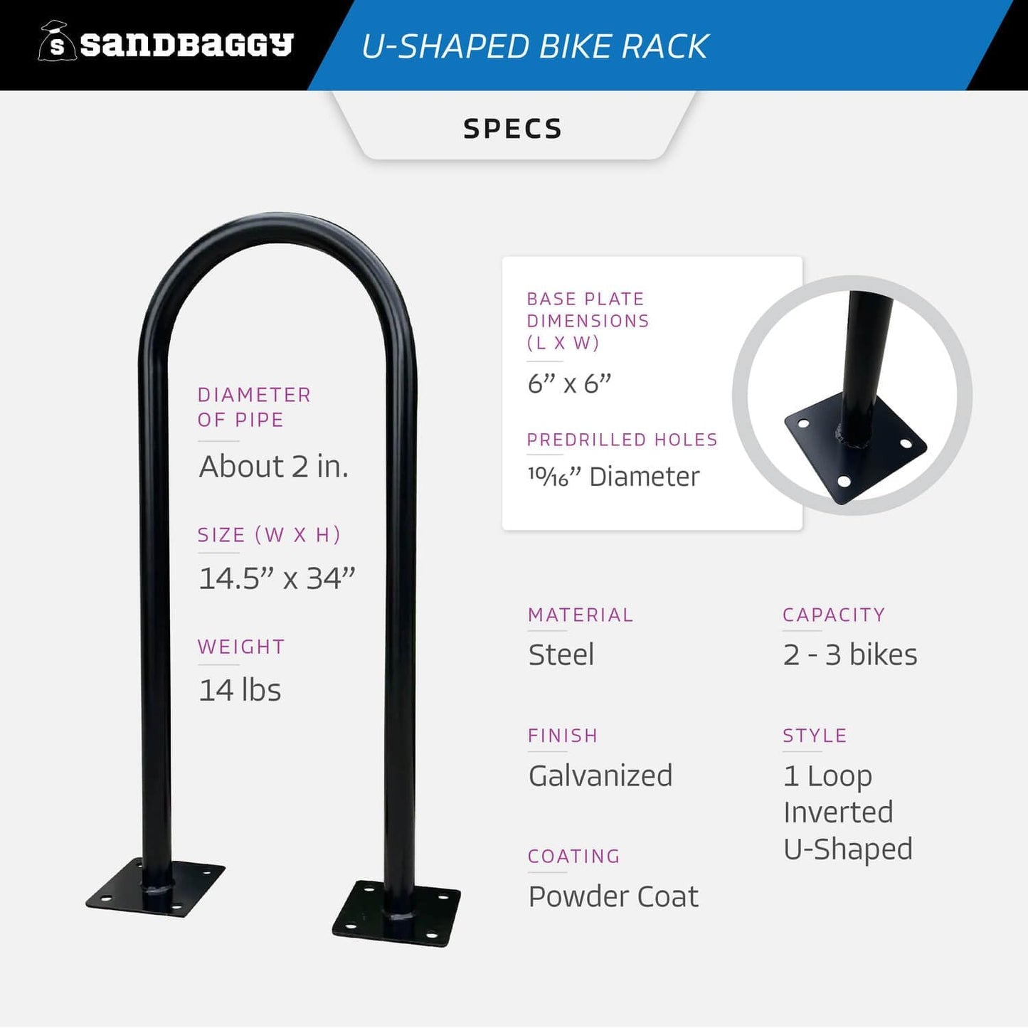 Sandbaggy U Shaped Bike Rack - Outdoor, Commercial - Galvanized Steel - Surface/Ground Mounted (1, Red)