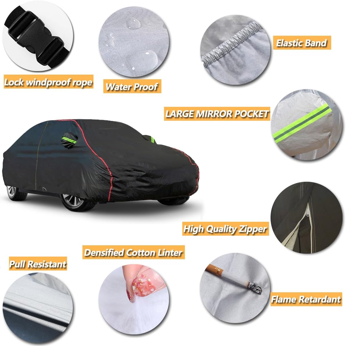 AUQDD 6-Layers PEVA New Material Sedan SUV Full Padded Car Cover Waterproof All Weather Weatherproof UV Sun Protection Snow Dust Storm Resistant Outdoor Exterior Custom Form-Fit Straps 165"-179" Black