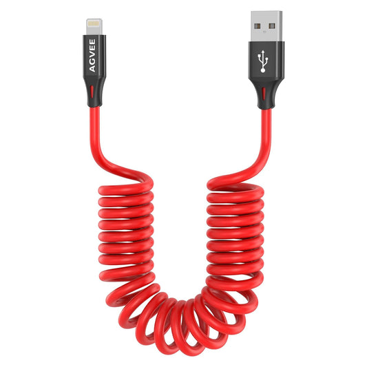 AGVEE 3ft Coiled Short USB to Lightning Charging Cable [MFI Certified] 3A Fast Charger Cord in Car for iPhone 14/13/12/11/XS/8/7/6/5 CarPlay, iPad, iPod, Red