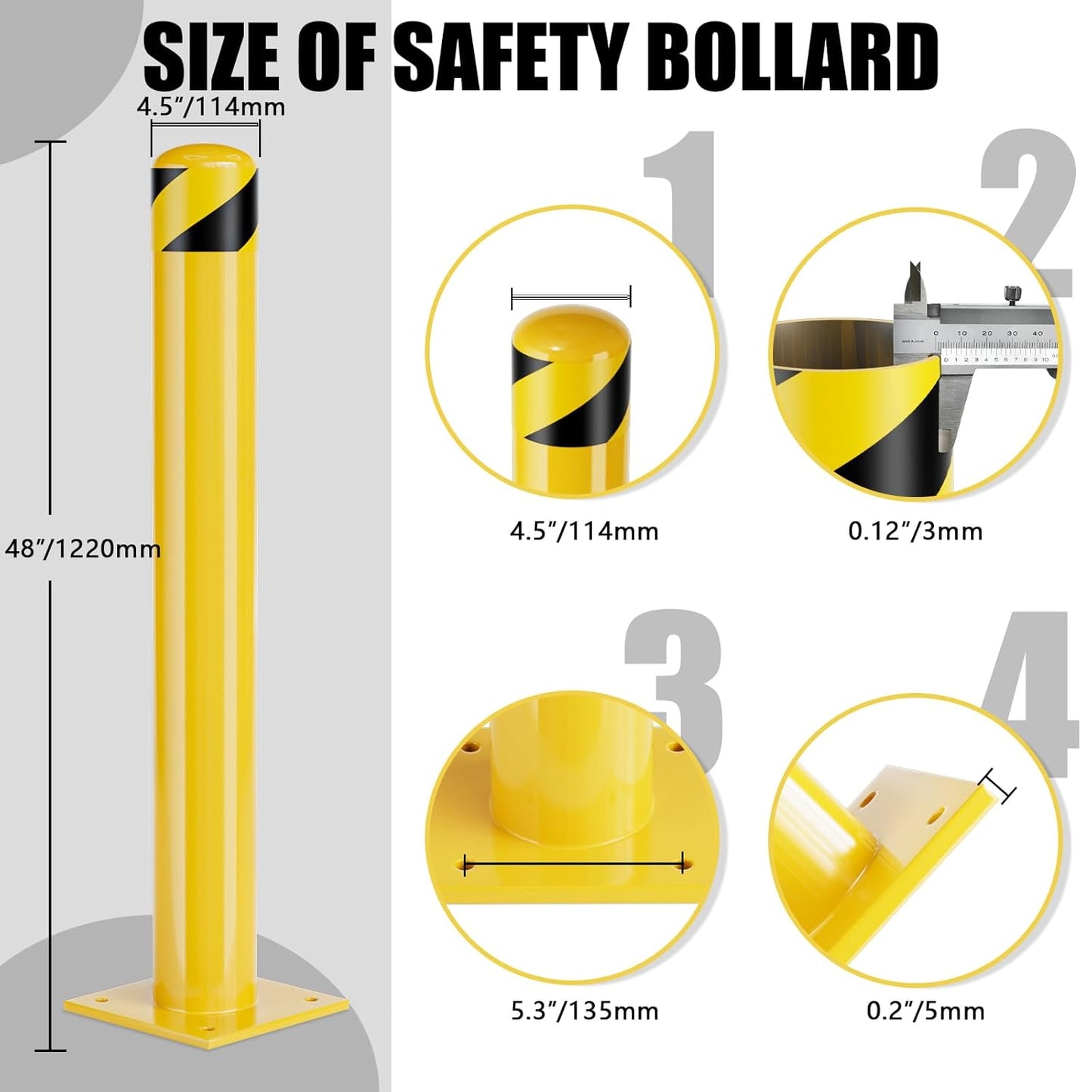 Safety Bollard Post, 48 Inch Height Steel Bollards, 4.5 Inch Diameter Parking Bollard, Yellow Powder Coated Safety Parking Barrier Post, for Traffic Sensitive Areas,3P