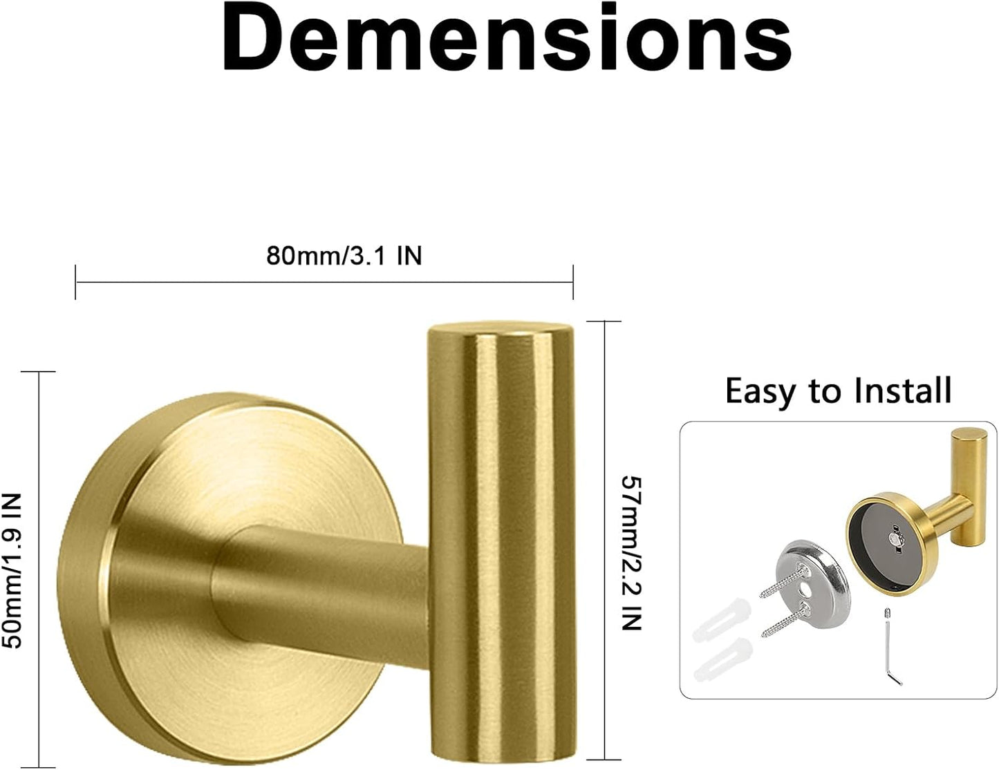 NearMoon Bath Towel Hooks- SUS 304 Stainless Steel Robe Hook Holder, Heavy Duty Coat Hook for Bathroom Livingroom Hotel Kitchen Garage, Wall Mounted (Brushed Gold, 8 Pack)