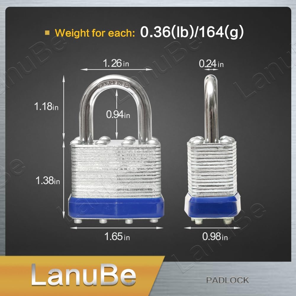 LanuBe Lock Laminated keyed Padlock (1-9/16", 40mm), keyed Alike Locks, Normal Shackle, Marked Blue Plastic Hoop, Pack of 48…