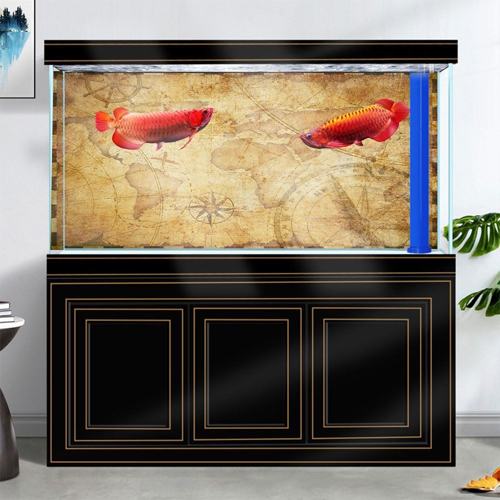 36X24IN Retro Old Travel World Map Terrarium Background, Art Parchment Pirate Treasure Map Reptile Habitat Background with 10EVA Double-Sided Tape