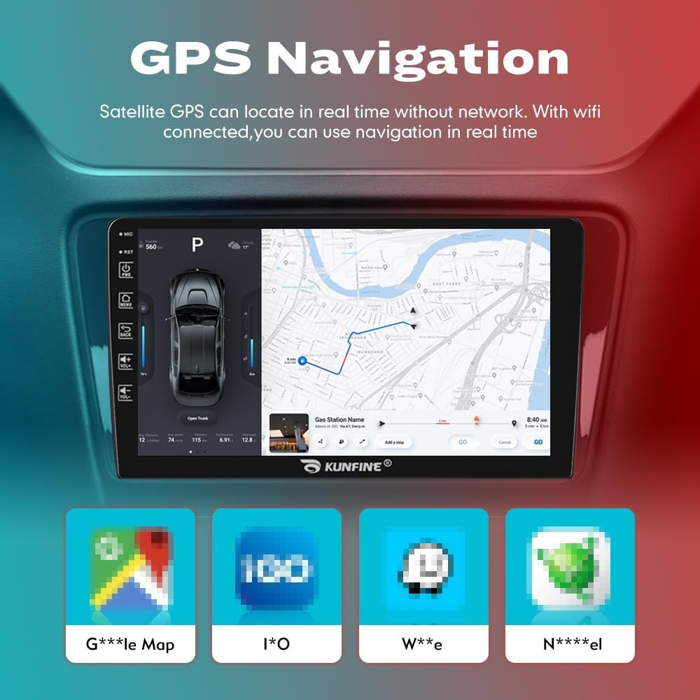 Kunfine Car CarPlay Android Auto Navigation Stereo GPS Radio Reverse Camera Display 9" IPS Touchscreen Headunit Tablet Pad Media Player For Peugeot 301 13-22 if Applicable Octa Core 3G+32G Matte Black