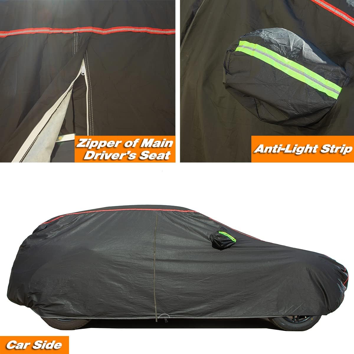 AUQDD 6-Layers PEVA New Material Sedan SUV Full Padded Car Cover Waterproof All Weather Weatherproof UV Sun Protection Snow Dust Storm Resistant Outdoor Exterior Custom Form-Fit Straps 178"-190" Black