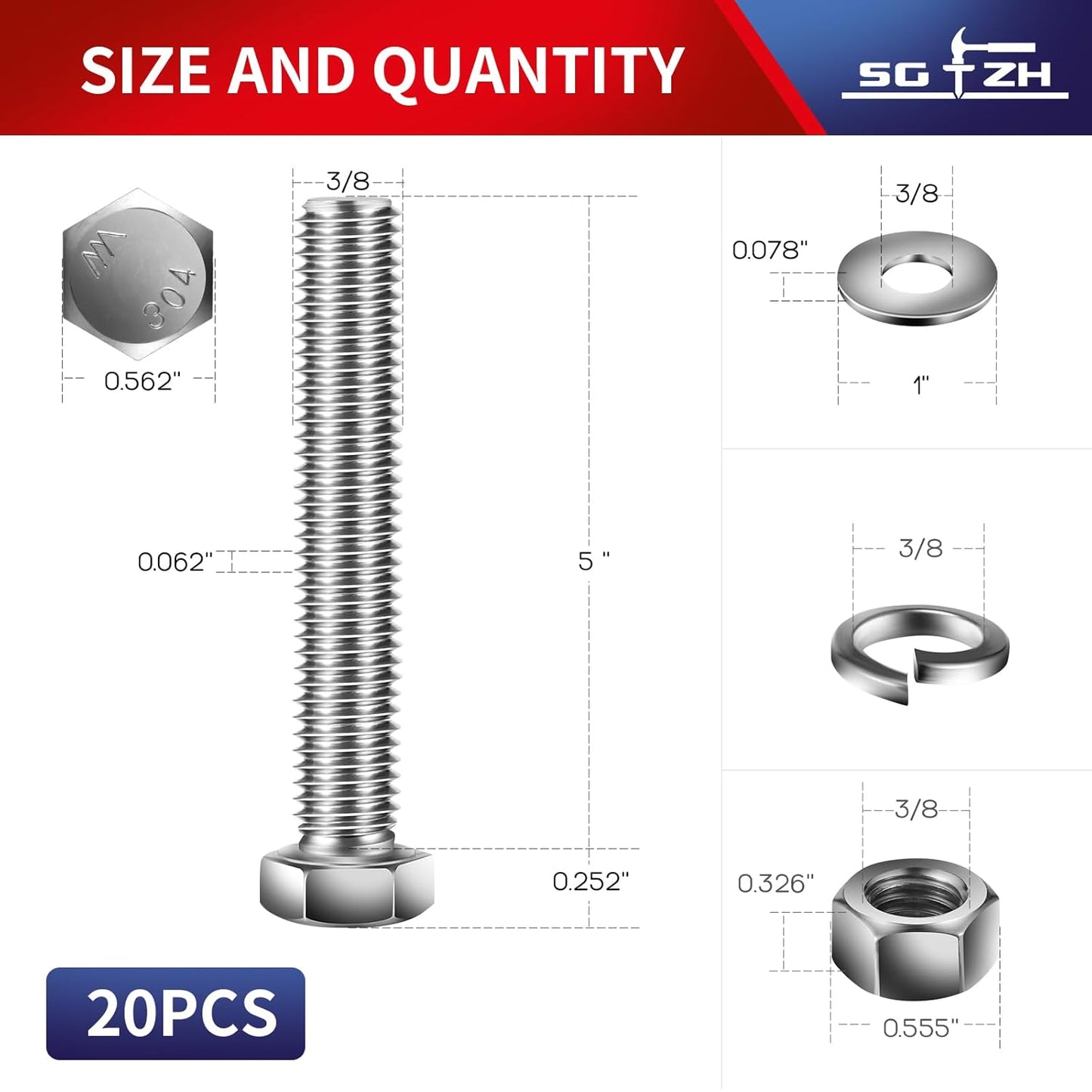 3/8-16 x 5" Hex Head Screw Bolt, Nuts, Flat & Lock Washers, 20Pcs 18-8 (304) Stainless Steel, Fully Threaded, by SG TZH