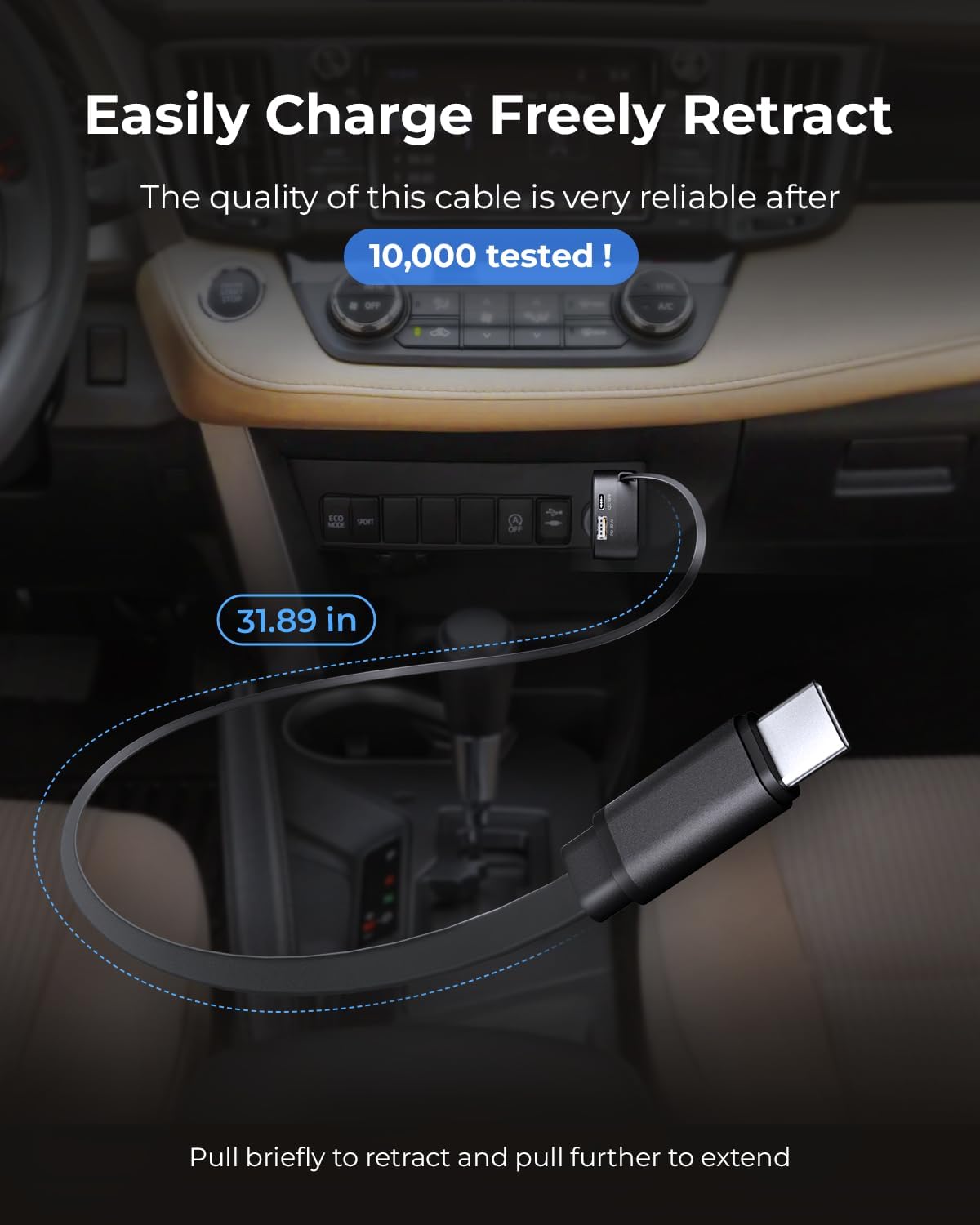 Retractable Car Charger USB C, 84W Max, Ultra-Compact, Type-C Fast Charger with Built-in Retractable USB-C Cable, Car Adapter for iPhone 16/15 Series, MacBook Pro/Air, iPad, AirPods Black