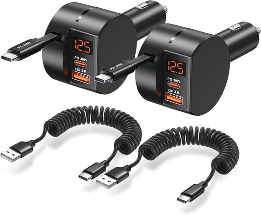 Retractable Car Charger USB C, OKRAY 78W 3-Port 12v Cigarette Lighter Adapter PD30W Fast Charging Type C Car Phone Charger & Coiled USB C Cable for iPhone 16 15 Pro, Samsung Galaxy S25 S24 A16, 2Pack