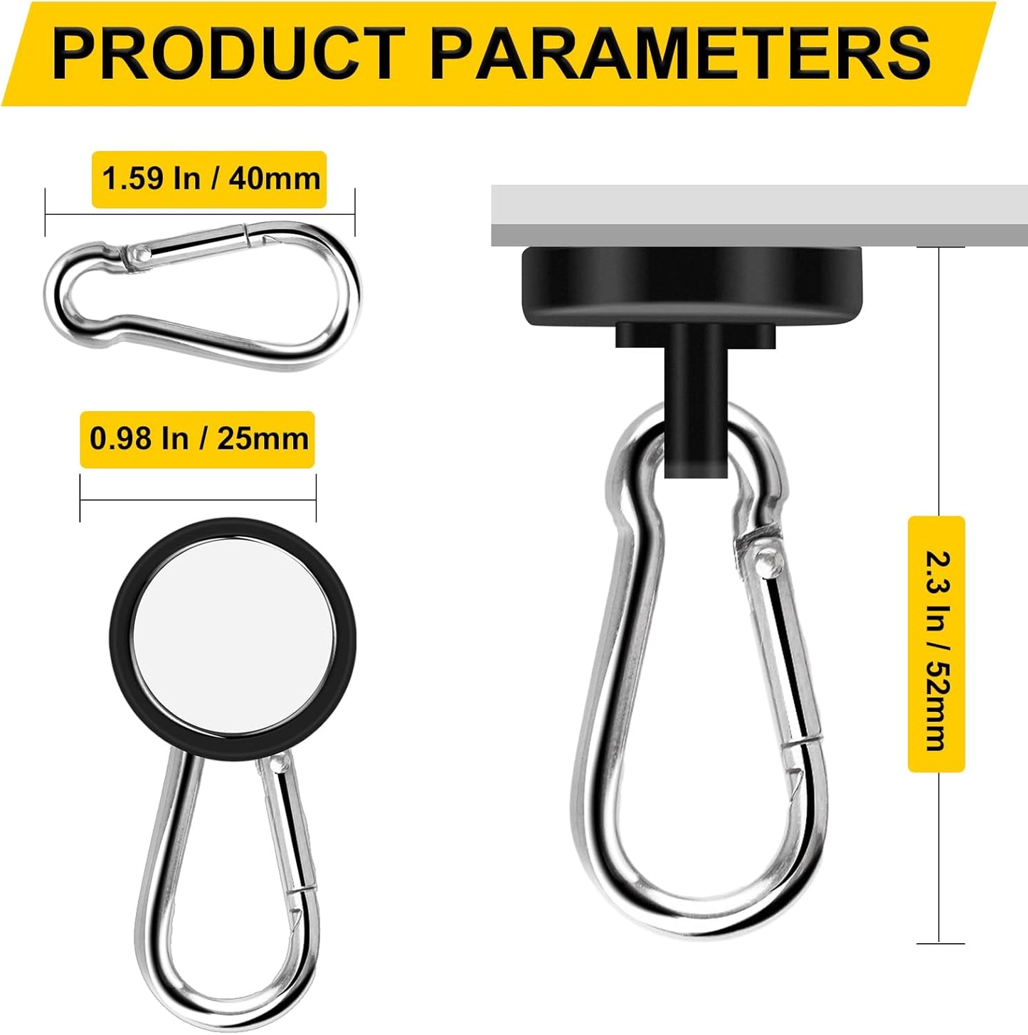 DIYMAG Magnetic Hooks, 70LBS Heavy Duty Neodymium Magnetics with Swivel Carabiner Hook,Great for Your Refrigerator and Other Magnetism Surfaces, Pack of 6