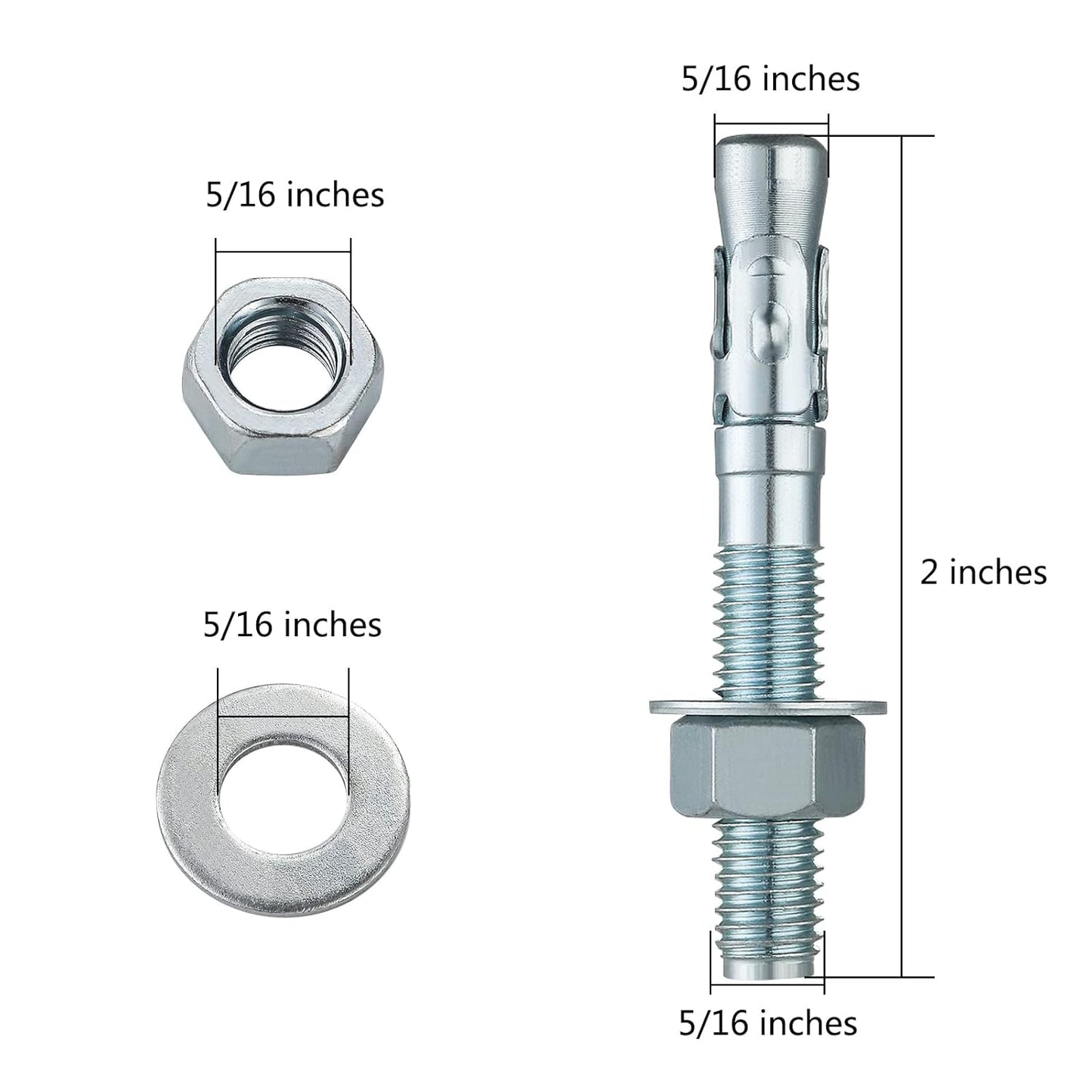 5/16x2 100Pcs Inch Standard Fasteners for Heavy-Duty Zinc Wedge Anchors for Cement and Concrete
