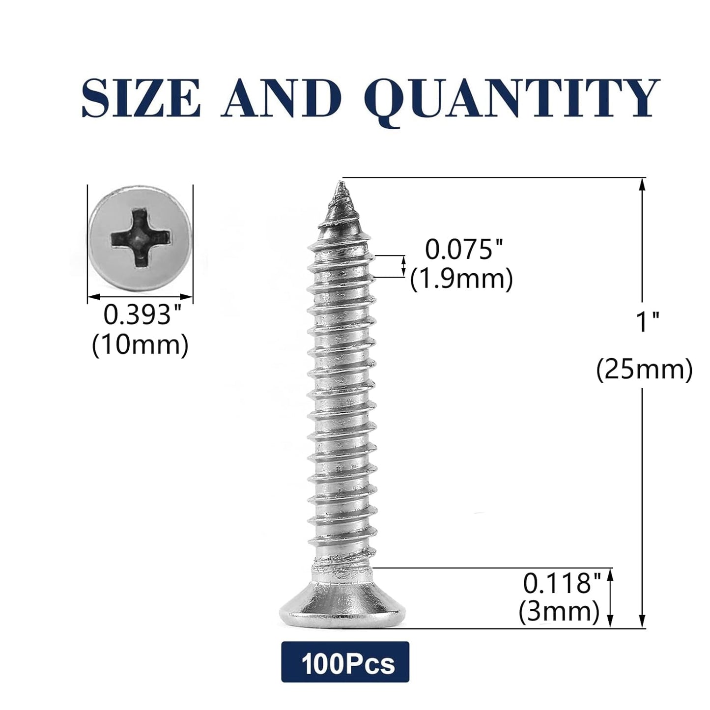 #12 x 1" Wood Screw 100Pcs 18-8 (304) Stainless Steel Screws Flat Head Phillips Fast Self Tapping Drywall Screws by SG TZH