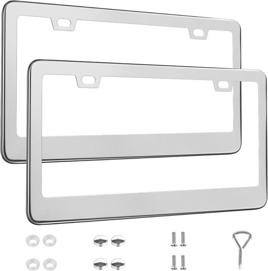 2 Pack License Plate Frames, Stainless Steel Car License Plate Cover Car Accessories with Screw Caps (Silver)