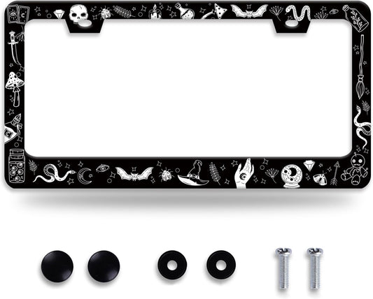 Witch License Plate Frame Gothic Magical License Plate Frames for Car Decorative Parts Stainless Stee License Plate for Standard Us Canada Funny License Plate Holder 12x6 Inch