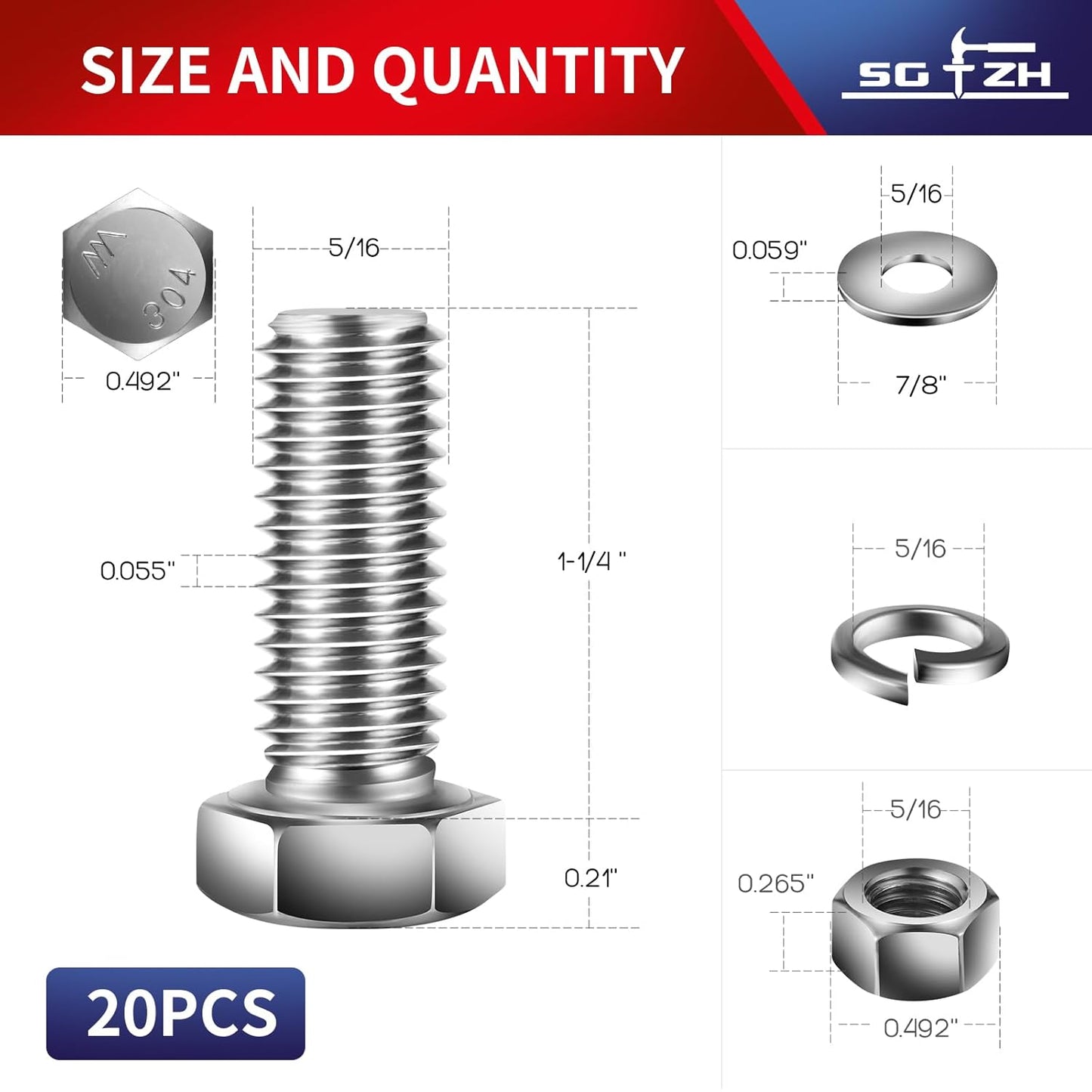 5/16-18 x 1-1/4" Hex Head Screw Bolt, Nuts, Flat & Lock Washers, 20Pcs 18-8 (304) Stainless Steel, Fully Threaded, by SG TZH
