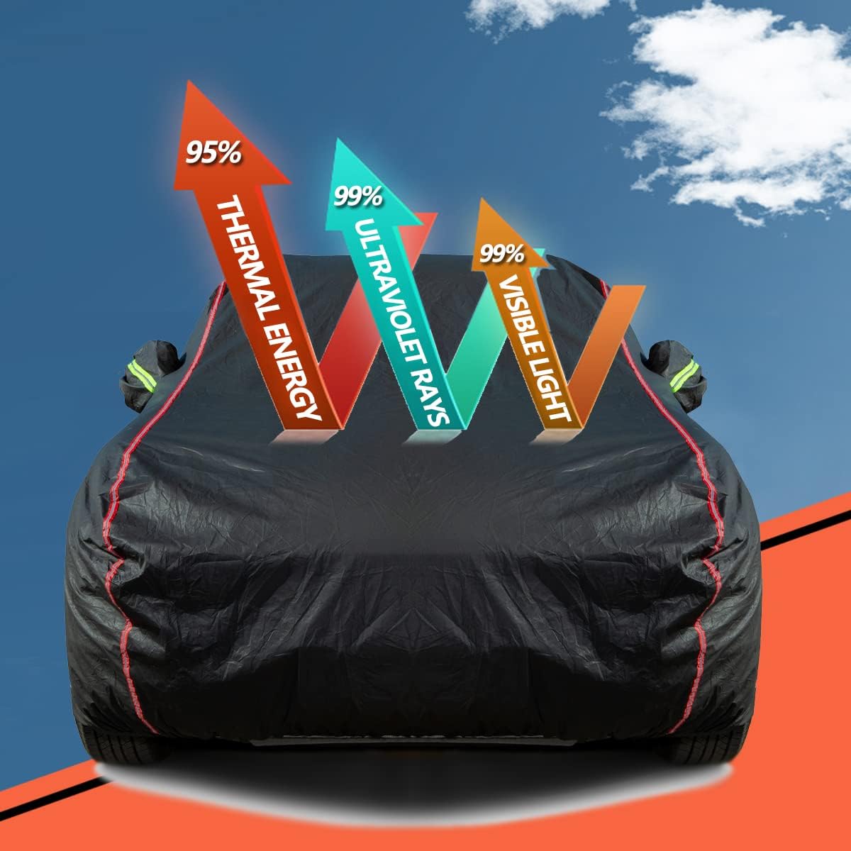 AUQDD 6-Layers PEVA New Material Sedan SUV Full Padded Car Cover Waterproof All Weather Weatherproof UV Sun Protection Snow Dust Storm Resistant Outdoor Exterior Custom Form-Fit Straps 165"-179" Black