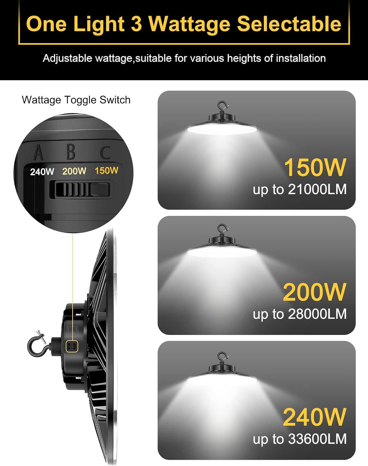 UFO LED High Bay Light, 240W/200W/150W Adjustable, UL & DLC Listed 5000K/4000K/3000K Adjustable, 33600LM 0-10V Dimmable IP65 Waterproof High Bay Lights AC100-277V for Warehouse Factory