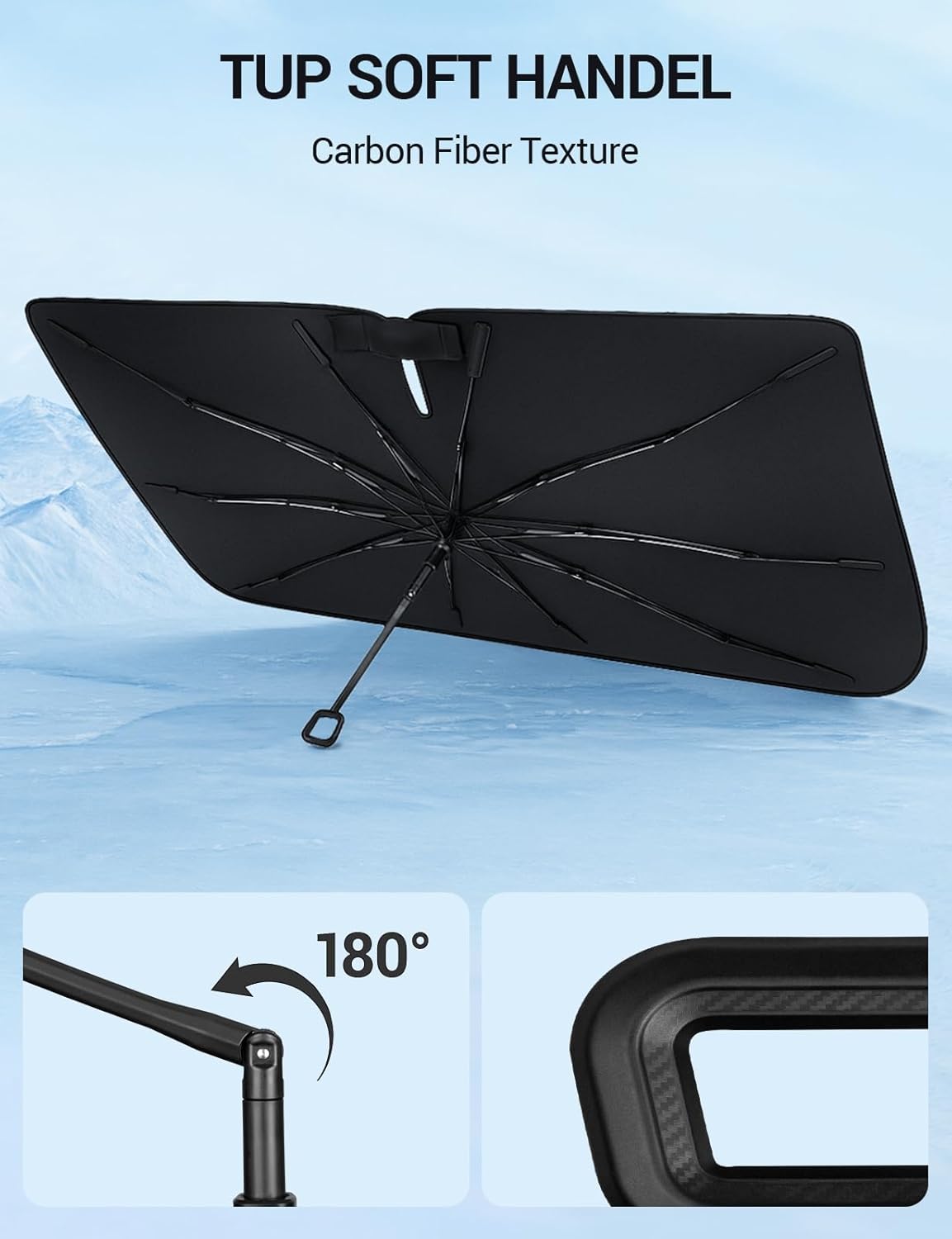 Proadsy Windshield Sun Shade Umbrella for Kia Forte 2019-2025 Foldable Car Umbrella Sunshade with Soft TPU Handle Spring Structure Crystal Cooling Material Protect Car from Rays & Heat
