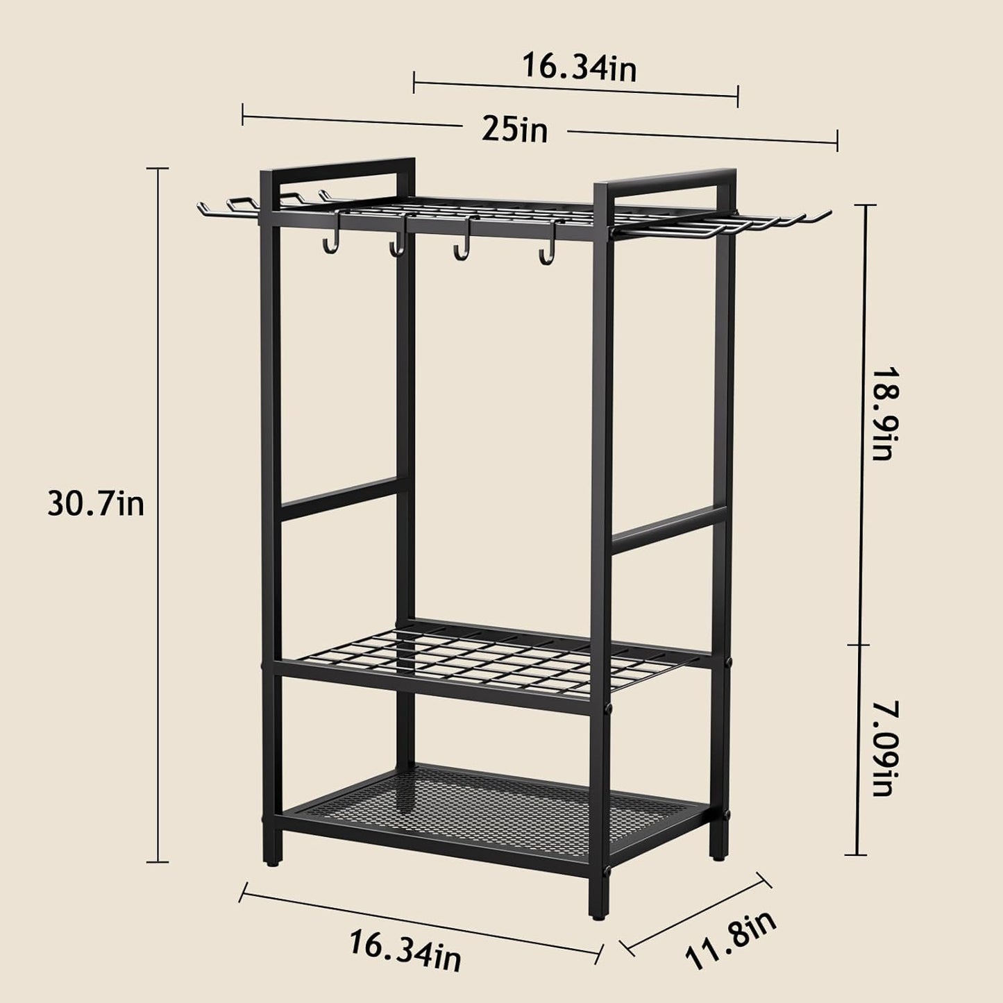 Garden Garage Tool Organizer Yard Tool Organizer for Garage with 4 Hooks, Heavy duty Steel Garden Tool Rack Holds up to 48 Long Handled Yard tools for Storage