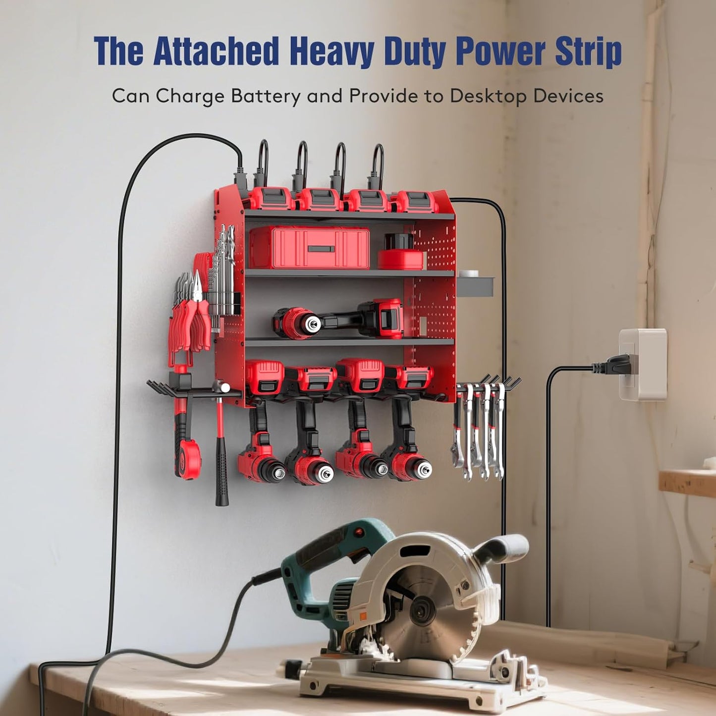 Heavy Duty Power Tool Organizer Wall Mount with Charging Station, 4 Layer Garage Storage Adjustable Shelves Height, Holds 4 Drills, 2 Hooks, Screw & Screwdriver box, Gifts for Fathers Day, Anniversary