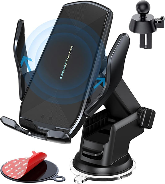 Wireless Car Charger Mount, 15W Qi Fast Charging Auto-Clamping Cell Phone Car Holder Air Vent Windshield Dashboard Long Arm Suction Cup Car Phone Mount for iPhone13 /12/11 Samsung S20/S10/S9/S8 LG