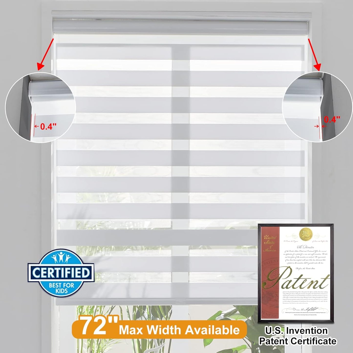 Persilux Cordless Zebra Blinds for Windows Dual Layer (15" W x 72" H, White) Free-Stop Roller Blinds for Sliding Doors, Light Control for Day and Night, Light Filtering Sheer Roller Shades for Home