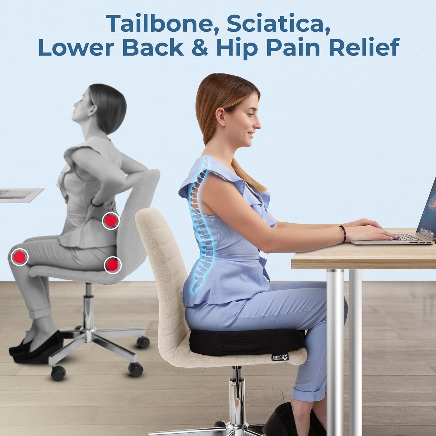 5 STARS UNITED Seat Cushion for Tailbone Pain Relief – Large Memory Foam Lifting Pillow for Coccyx, Hip, Sciatica & Post-Surgery Recovery – Wheelchair, Car, Desk, Gaming & Office Chairs, Black