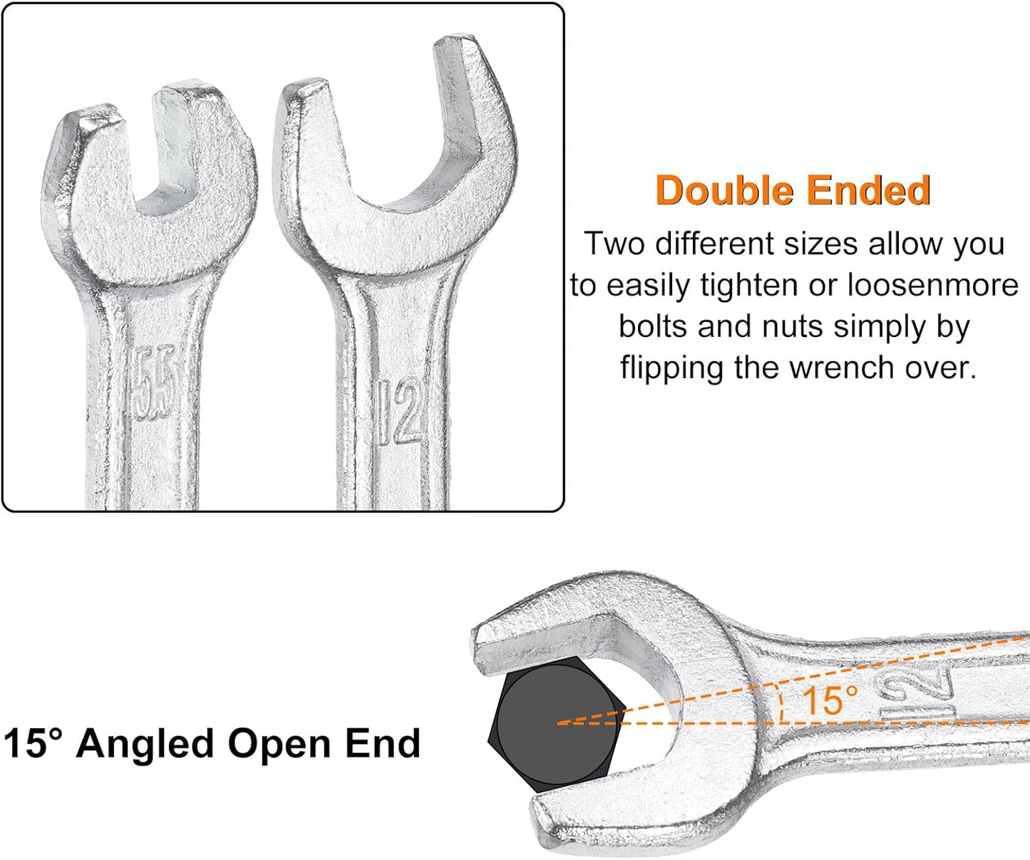 HARFINGTON Double Open End Wrench 13mm x 14mm Metric 15 Degree Offset Angle Small Flat Head Wrench Galvanizing Open Ended Spanner for Automotive Repair Furniture Assembly